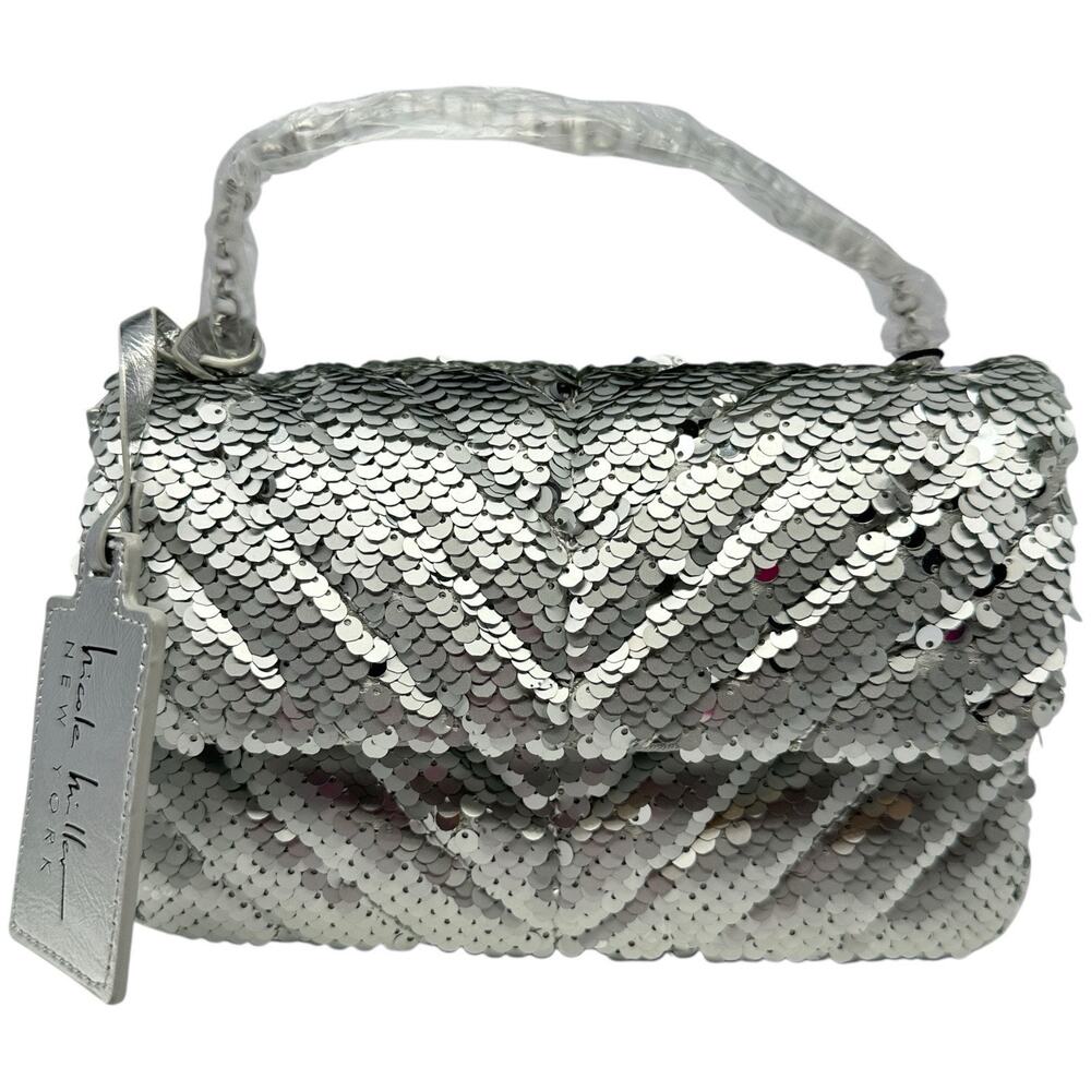Nicole Miller Sequin Chevron Quilted Shoulder Bag Chain Crossbody Purse Puffy